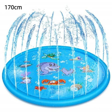 Children's inflatable splash pad with cartoon designs on a white background