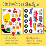 Two sheets of stickers with fruits, vegetables, and vehicles on a yellow background.