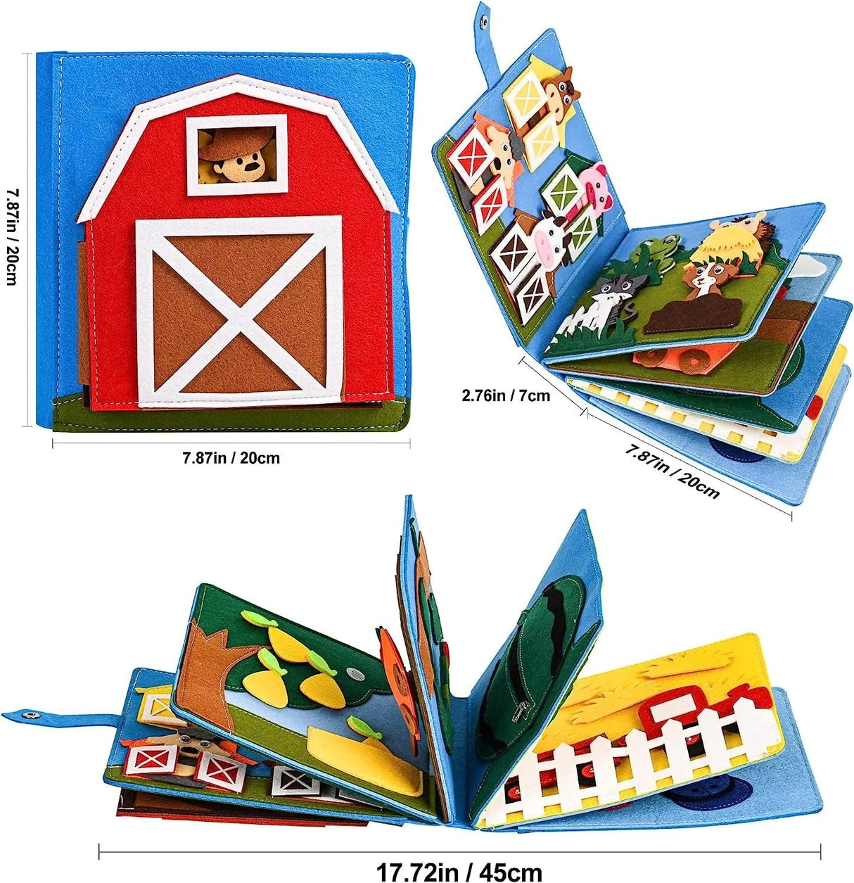 Children's farm-themed book with fabric pages and measurements on a white background