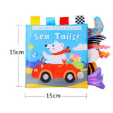 Children's soft book titled 'Sea Tails!' with colorful illustrations and measurements on a white background.