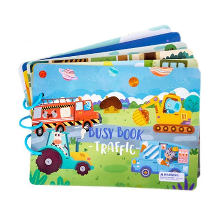 Colorful children's busy book with traffic-themed illustrations on a white background