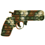 Decorative item shaped like a gun with green and brown colors on a white background