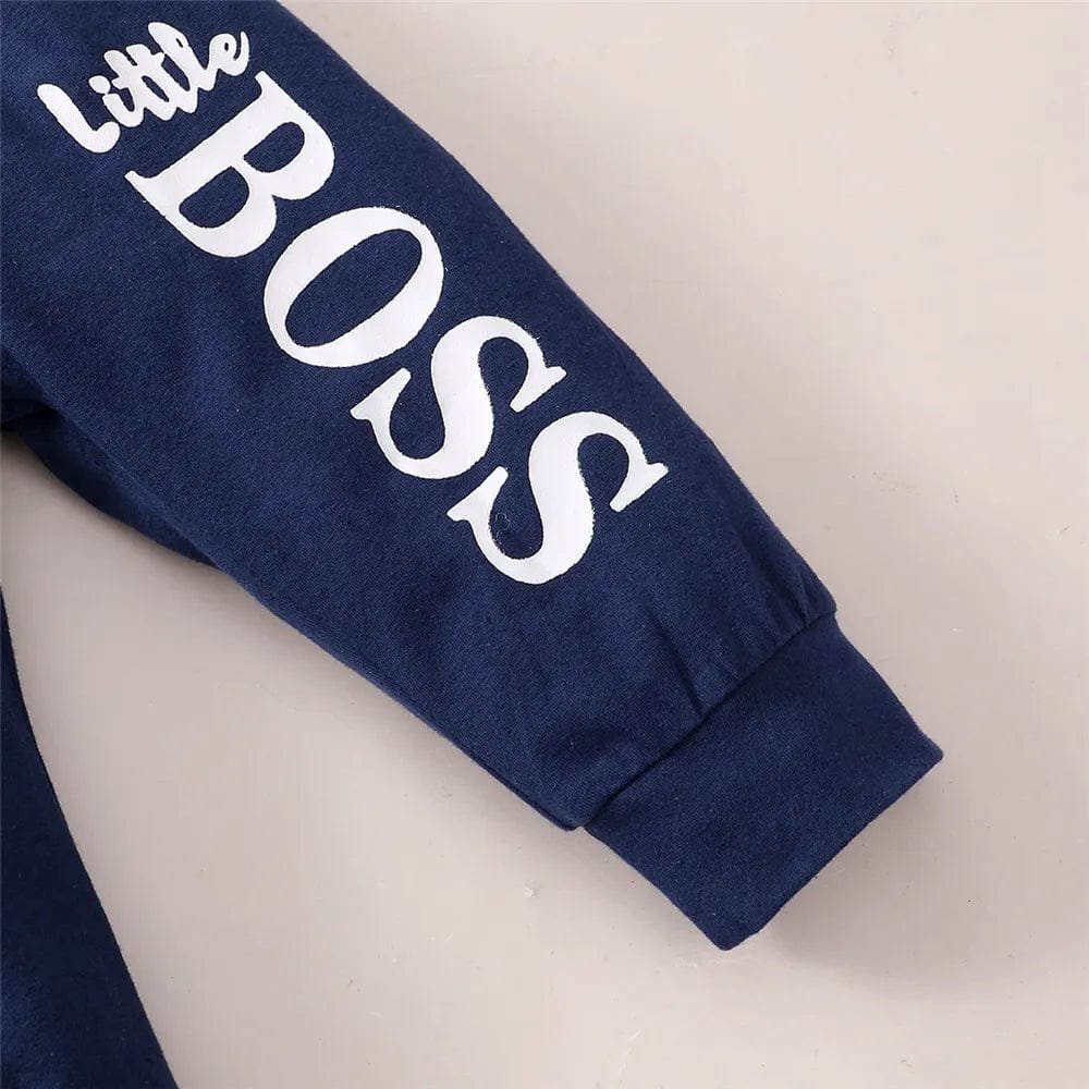 Navy blue sweatshirt with 'Little BOSS' text on a light gray background