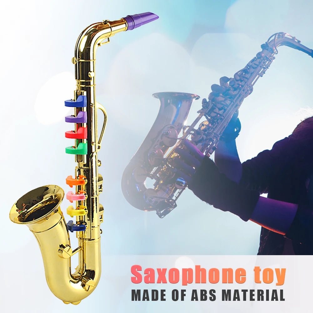 Toy saxophone with colorful keys on a light blue background