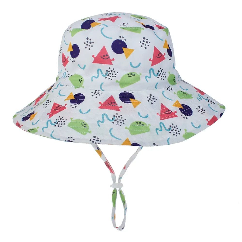 Colorful bucket hat with geometric patterns on a white background