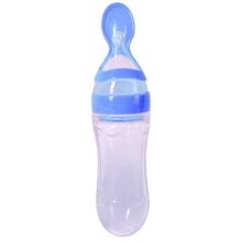 Purple and blue baby bottle with a spoon attachment on a white background (option 2)