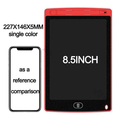 Large black screen with red border and '8.5INCH' text, next to a smartphone for size comparison.