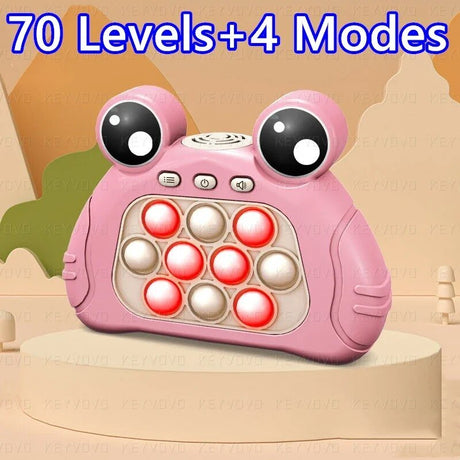 Pink toy phone with large eyes on a beige background
