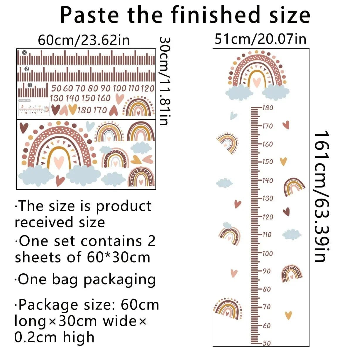 Measurement chart with dimensions and product details for a set of wall stickers.