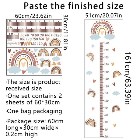 Measurement chart with dimensions and product details for a set of wall stickers.