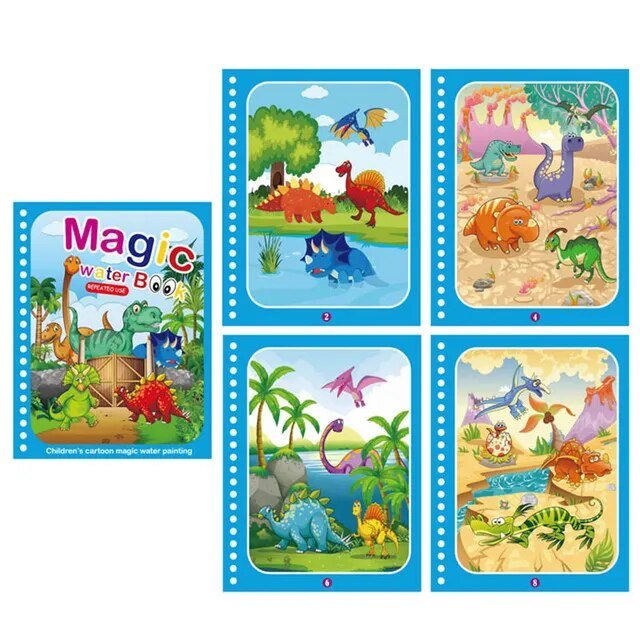 Children's cartoon magic water painting book with dinosaur illustrations on a white background