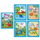 Children's cartoon magic water painting book with dinosaur illustrations on a white background