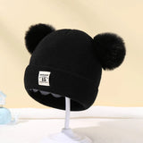 Warm Knitted Baby Beanie with Pom - Autumn/Winter, Solid Color - Black, 0-3Years image