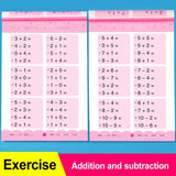 Mathematics exercise book with addition and subtraction problems on a pink and blue background