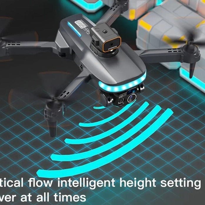 Drone with camera on a grid surface, highlighting features like 'optical flow intelligent height setting'.