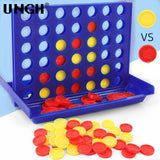 Board game with red and yellow discs on a blue board, featuring the brand 'UNGH'.