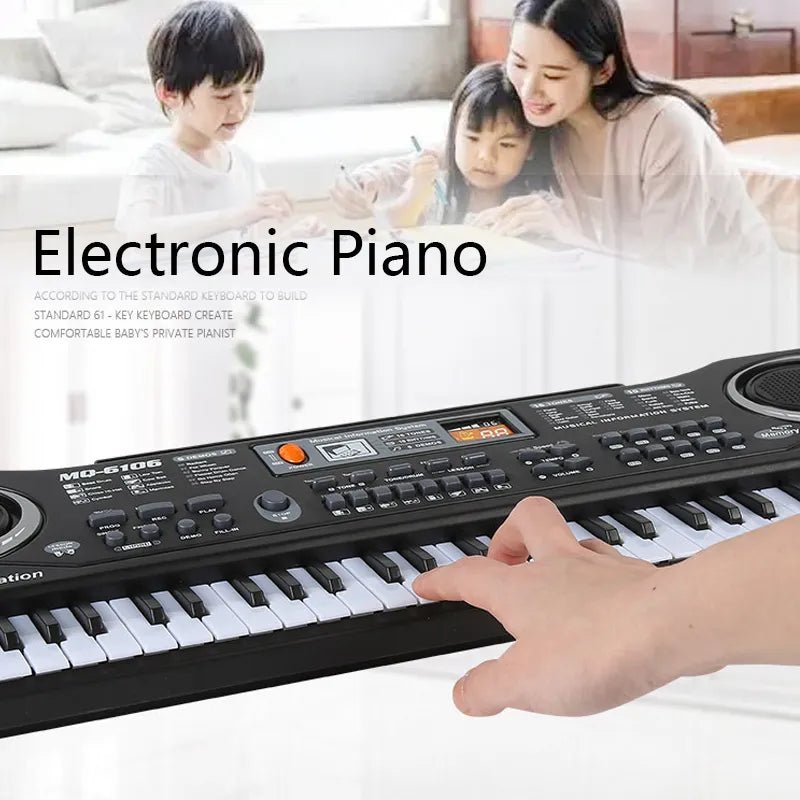 Electronic piano with a hand playing it, family in the background