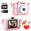 Pink children's camera with screen, 32GB memory card, and USB cable on a white background