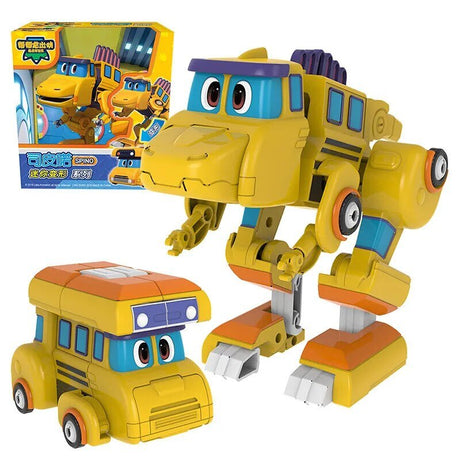 Toy transforming from bus to robot with packaging in the background