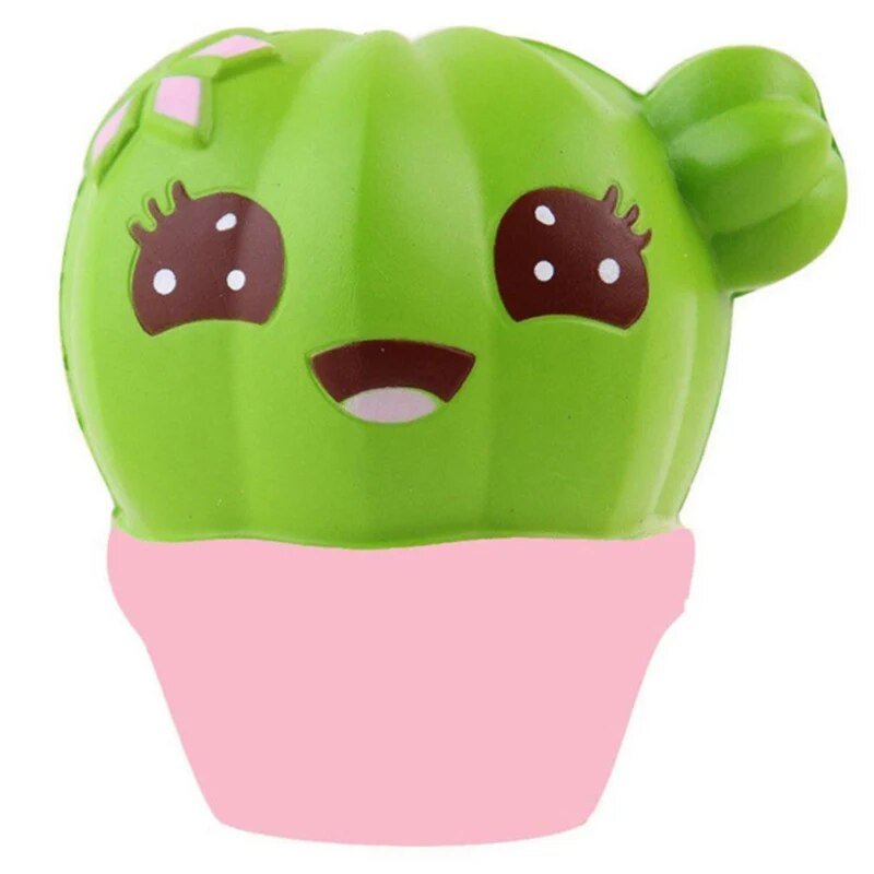 Cactus squishy toy in a pink pot for desk fidgeting, novelty gifting, and calming squeeze play.