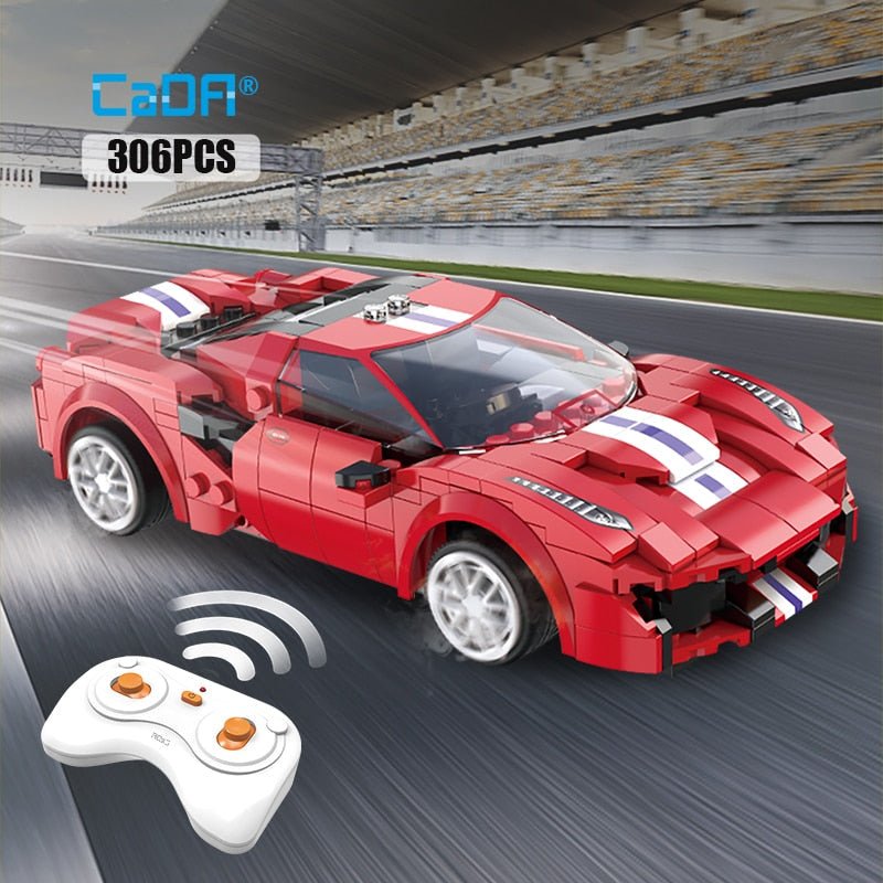 Cada City remote control racing car with red and white stripes shown on a race track for imaginative play.