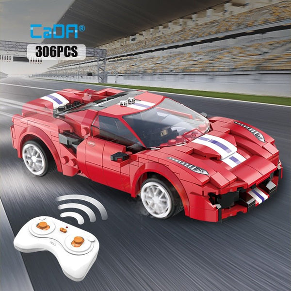 Cada City remote control racing car with red and white stripes shown on a race track for imaginative play.