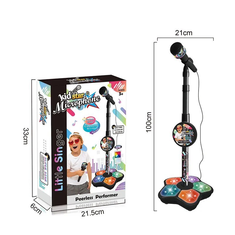 Toy microphone with packaging and dimensions displayed