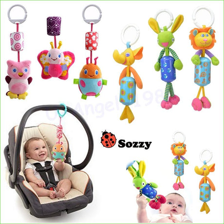 Baby car seat with colorful hanging toys and Sozzy logo.