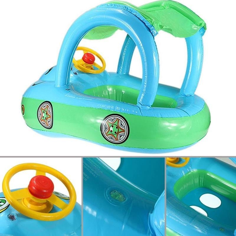 Canopy baby pool float with steering wheel inflatable seat for toddler water play and family pool outings.