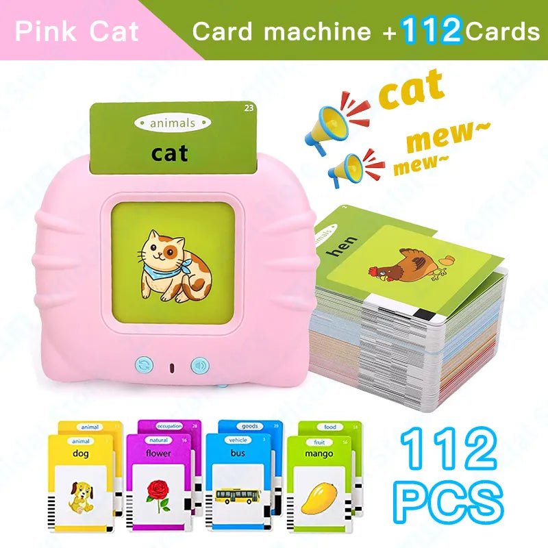 Pink card machine with educational cards featuring animals and words like 'cat' and 'mew'.