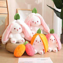 Full set of carrot rabbit plush toys in fruit bags arranged for collecting, nursery decor, and kids play.