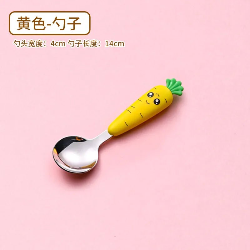 Carrot design baby spoon utensil captured from a fourth angle for toddler feeding.