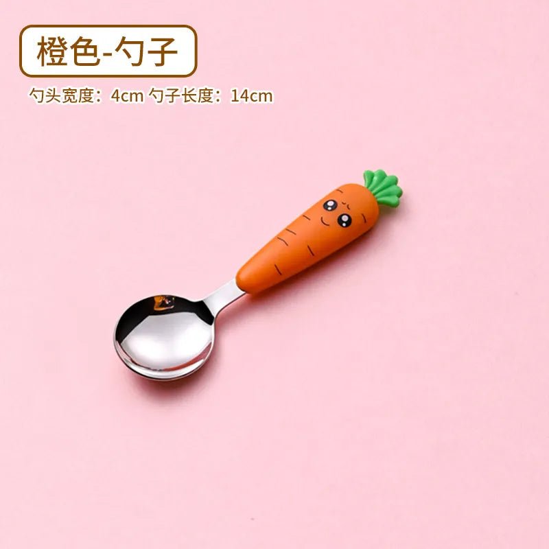 Carrot design baby spoon shown standalone for toddler self-feeding practice.