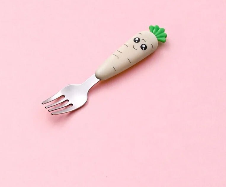 Carrot-handle baby fork grip shown from a second view for toddler mealtime ease.