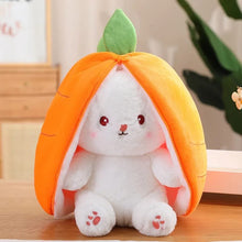 Detail view of the carrot rabbit plush toy face, a soft stuffed companion for naptime and travel comfort.