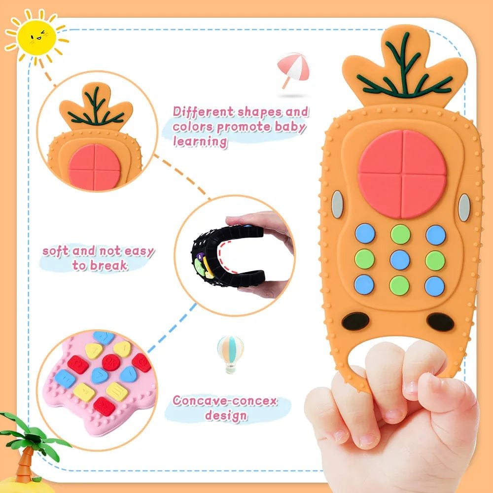 Carrot-shaped remote control baby teether held in hand for easy gripping, gum soothing, and teething relief.