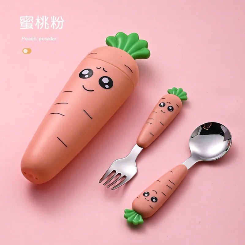Carrot-shaped baby bottle, fork, and spoon trio set styled together for mealtime.