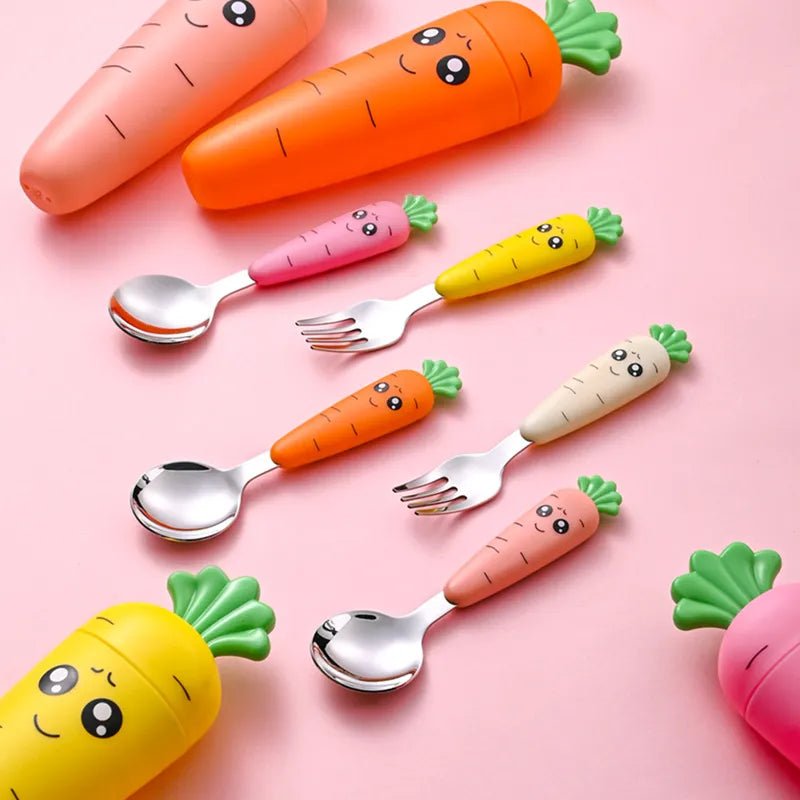 Carrot-shaped baby cutlery set shown in colorful tones for toddler self-feeding practice.