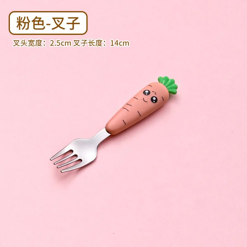Carrot-shaped baby fork with branding text shown again for tableware shopping.