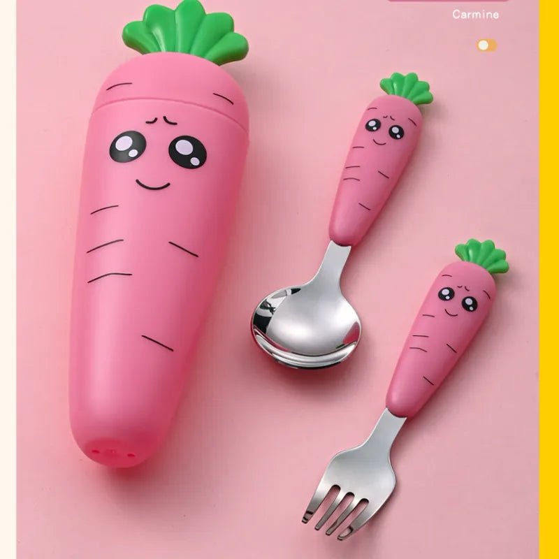 Carrot-shaped baby fork, spoon, and bottle set shown again in pink for mealtime feeding.
