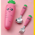 Carrot-shaped baby fork and spoon set with matching bottle in pink for mealtime feeding.