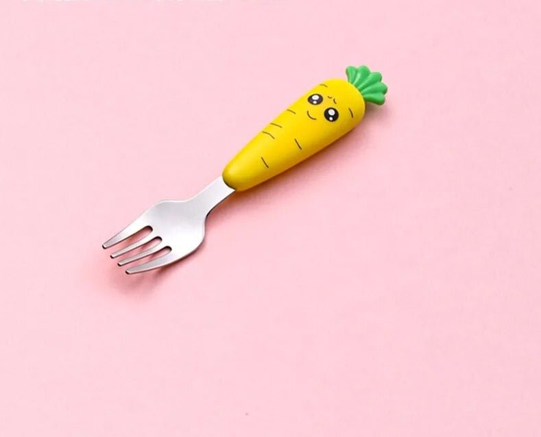 Carrot-shaped baby fork utensil captured from an alternate angle for feeding time.