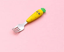 Carrot-shaped baby fork utensil captured in a fourth view for toddler feeding.