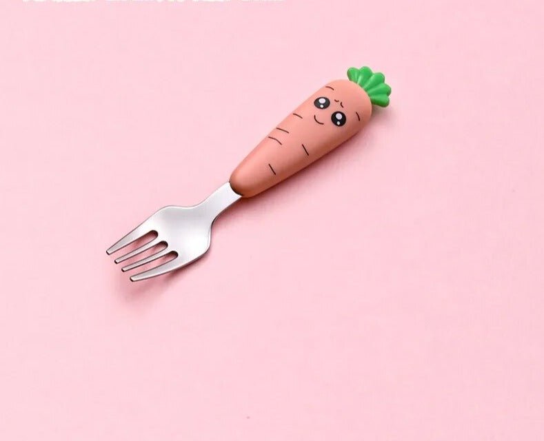 Carrot-shaped baby fork shown standalone for easy toddler self-feeding.