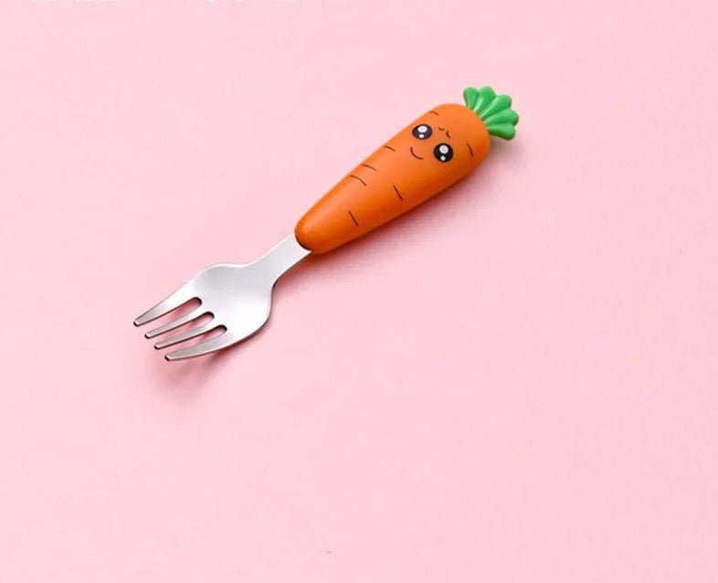Carrot-shaped baby fork utensil shown in a third view for toddler self-feeding.