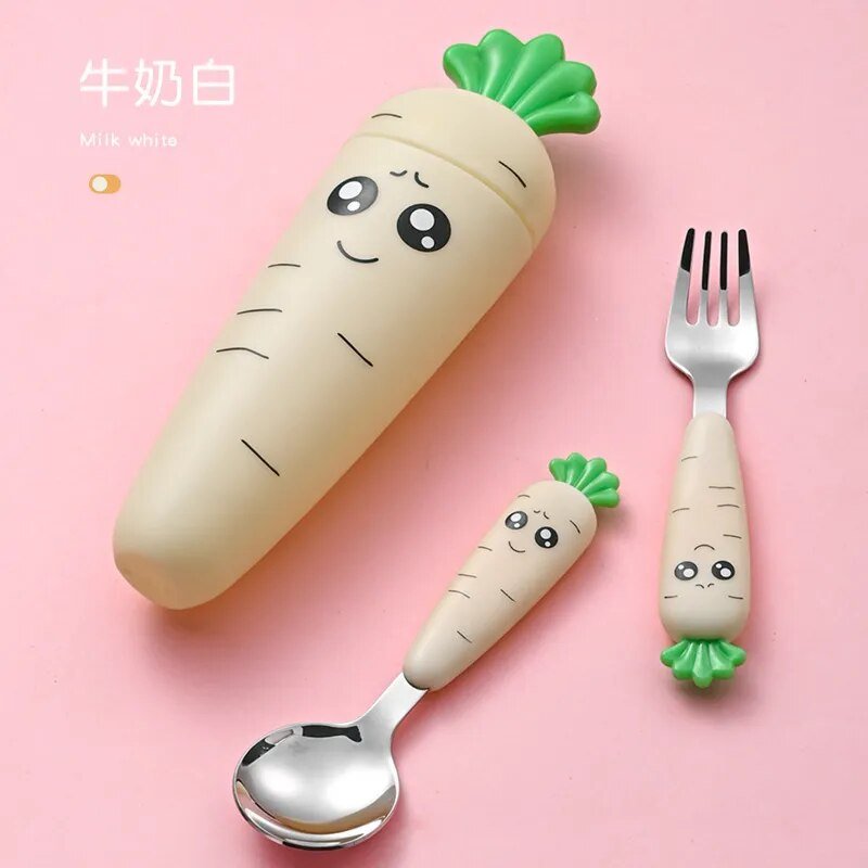 Carrot-shaped baby spoon, fork, and tumbler set shown from an angled view.