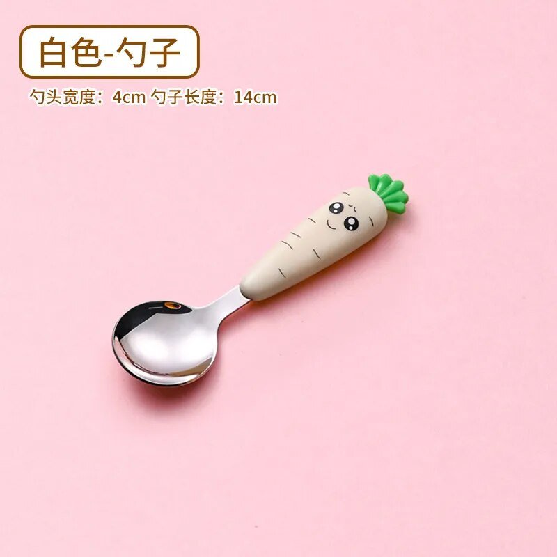 Carrot-shaped baby spoon shown with branding text for toddler feeding sets.