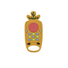Carrot-shaped remote control teether with textured buttons for gum massage, chewing, and finger exploration.