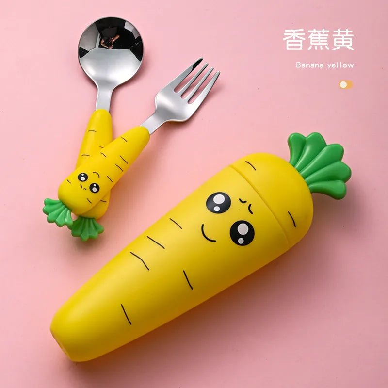 Carrot-themed baby spoon and fork set styled for toddler mealtime gifting.