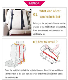 Installation guide showing the safety straps that hold the cart cushion in place while a child sits securely.